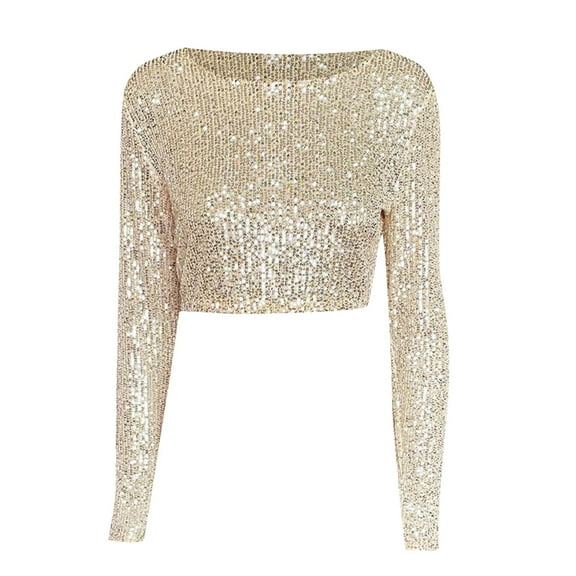 Womens Casual T-Shirt Crew Neck Long Sleeve Blouses Sequins Solid Color Loose Fit Tunic Tops Trendy 2025