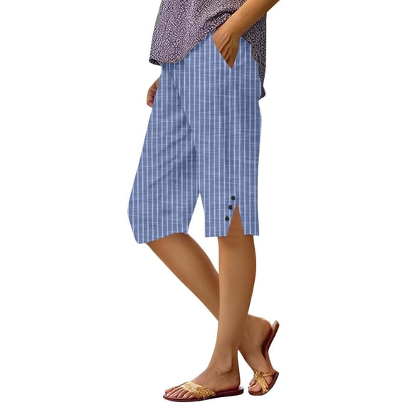 JJHGVB Cotton Linen Capris for Women Women Linen Shorts Beach Cropped Trousers Resort Wear for Women 2026 Dress Shorts for Women Cotton Linen Pants Below the Knee Pedal Pushers for Women Blue 1 L