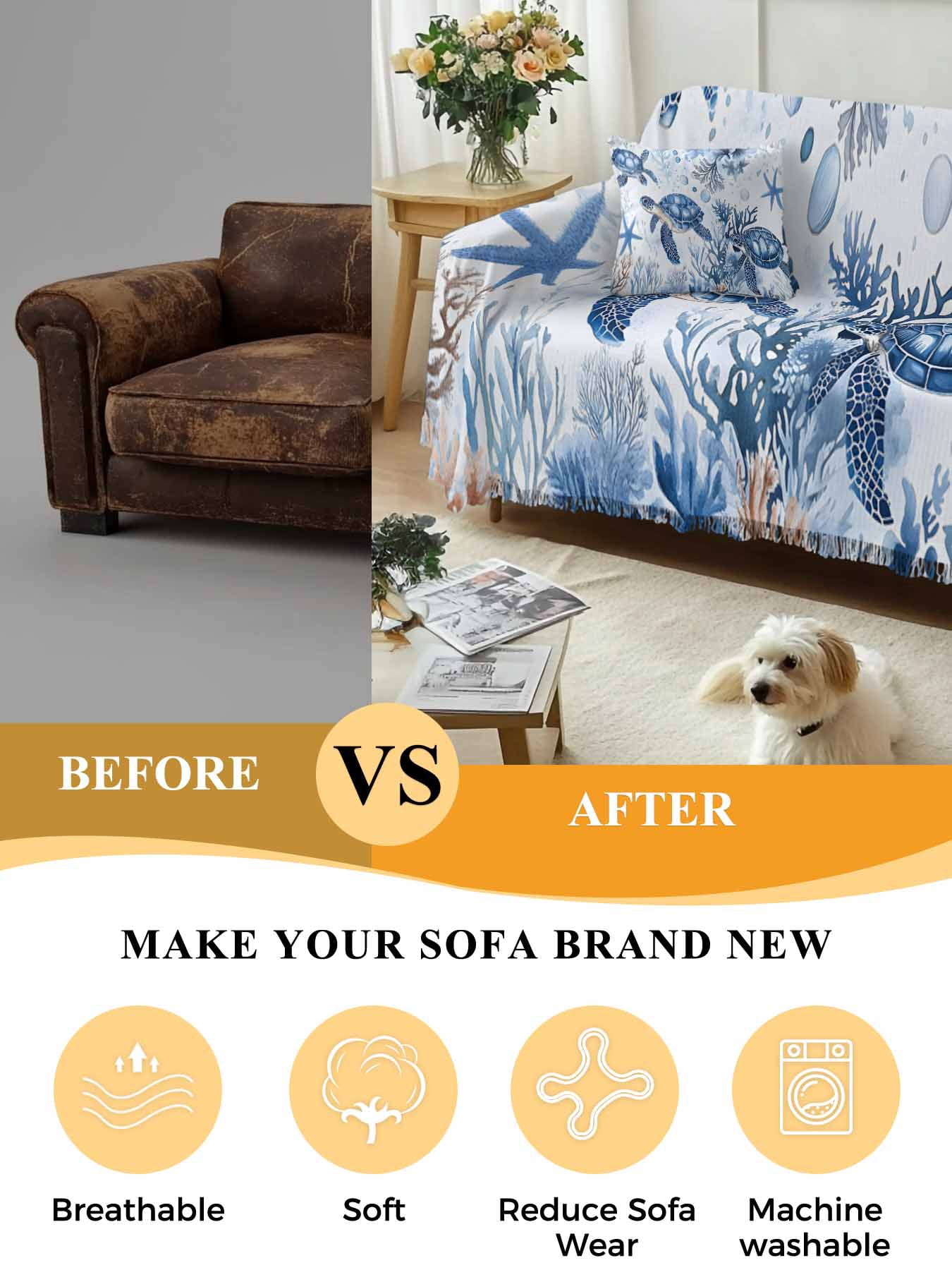 Summer Beach Coastal Sofa Covers for 2-3 Cushion Couch L-Shaped Sectional, Sea Turtle Coral Nautical Washable Sofa Covers Slipcover for Living Room Furniture, Couch Cover Blanket 71"x134"