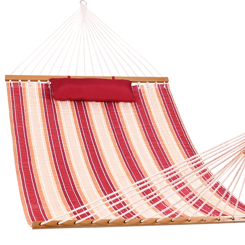 Lazy Daze Hammocks Double Quilted Fabric Spreader Bar Heavy Duty Stylish Hammock Swing with Head Pillow for Two Person Cherry Stripe 