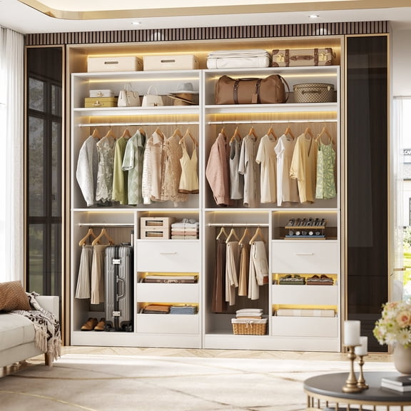 72'' Closet System with 6 Drawers, iSunirm Closet Organizer System Set of 2 with 4 Hanging Rods and Shelves, Heavy Duty Wardrobe Closet for Closet/Bedroom, White