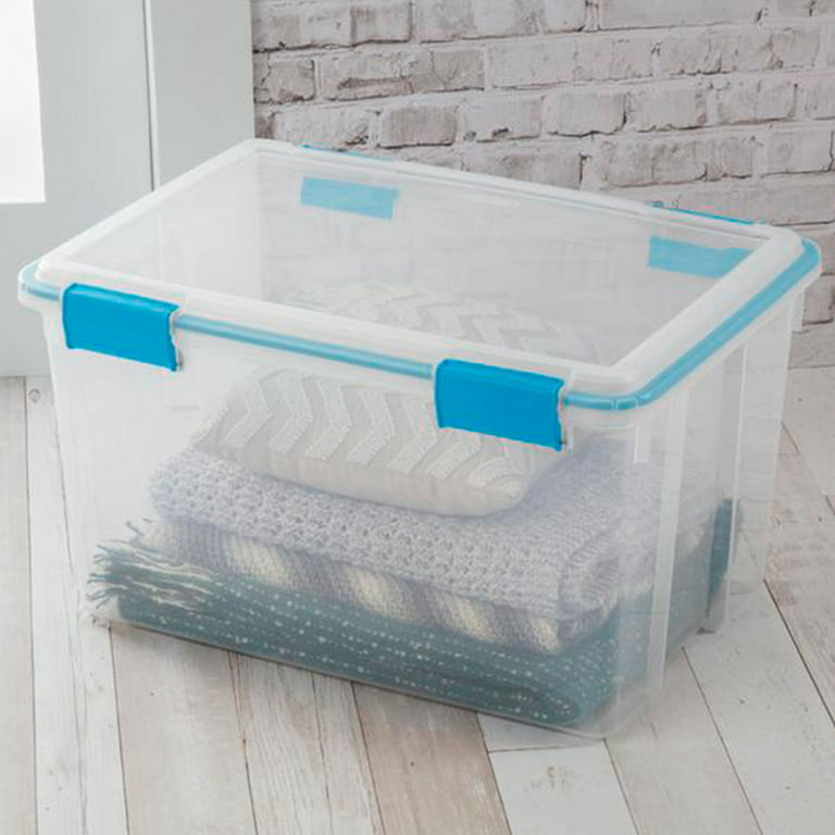 Sterilite 7.5 Qt Gasket Box, Stackable Storage Bin with Latching Lid and  Tight Seal, Plastic Container to Organize Basement, Clear Base, Lid, 12-Pack