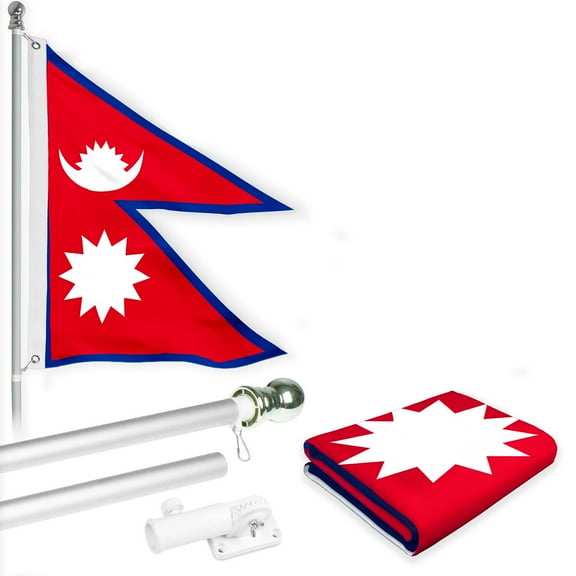 G128 Combo Pack: 6 Ft Tangle Free Spinning Flagpole (Silver) & Nepal Flag 3x5 Ft Printed 150D Polyester, Brass Grommets (Flag Included) Aluminum Flag Pole