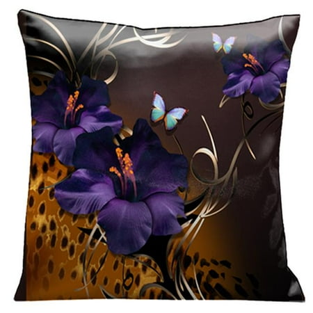 Lama Kasso 69 Purple Gladioli and Butterflies on a Rich Chocolate Background with Animal Print Accents 18 in. Square Satin Pillow