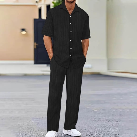 Frnrwgo Men's 2 Piece Casual Set Short Sleeve Lapel Shirts and Drawstring Elastic Waist Pants Quick Dry Breathable Summer Outfits