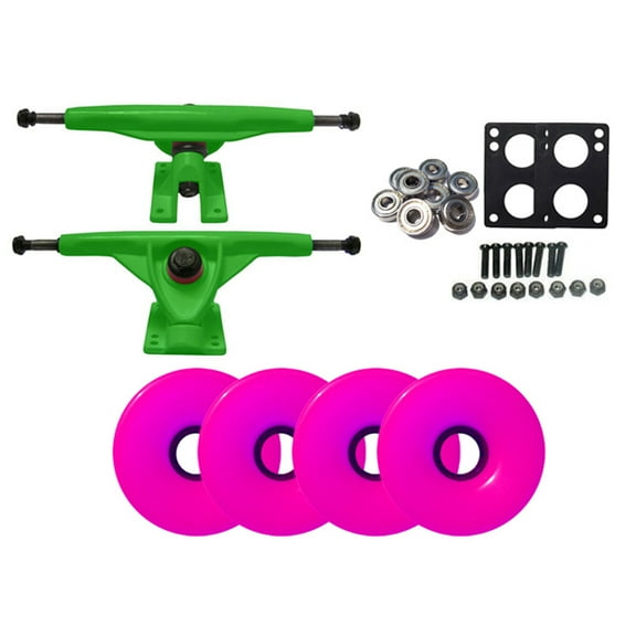 180mm GREEN LONGBOARD TRUCKS   70MM PINK WHEELS   ABEC 7 BEARINGS PACKAGE