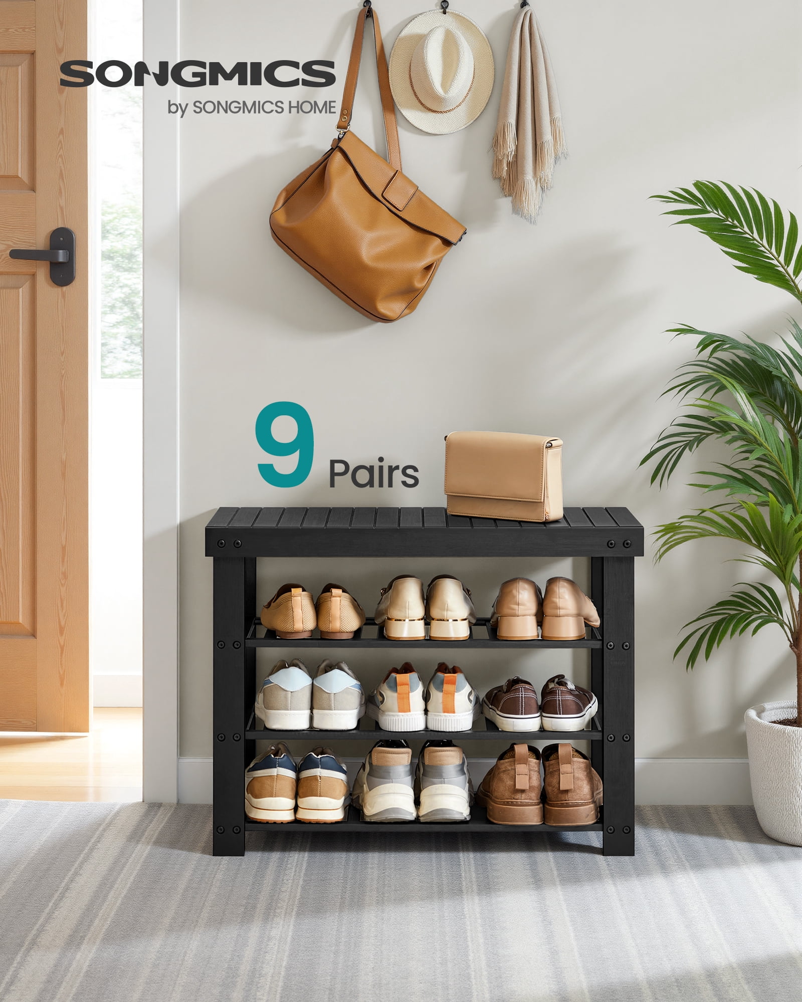SONGMICS Shoe Rack Bench, 3 Tier Bamboo Shoe Storage Organizer, Entryway Bench, for Living Room, Bathroom, Bedroom, 11.3 x 27.6 x 20.5 Inches, Ink Black