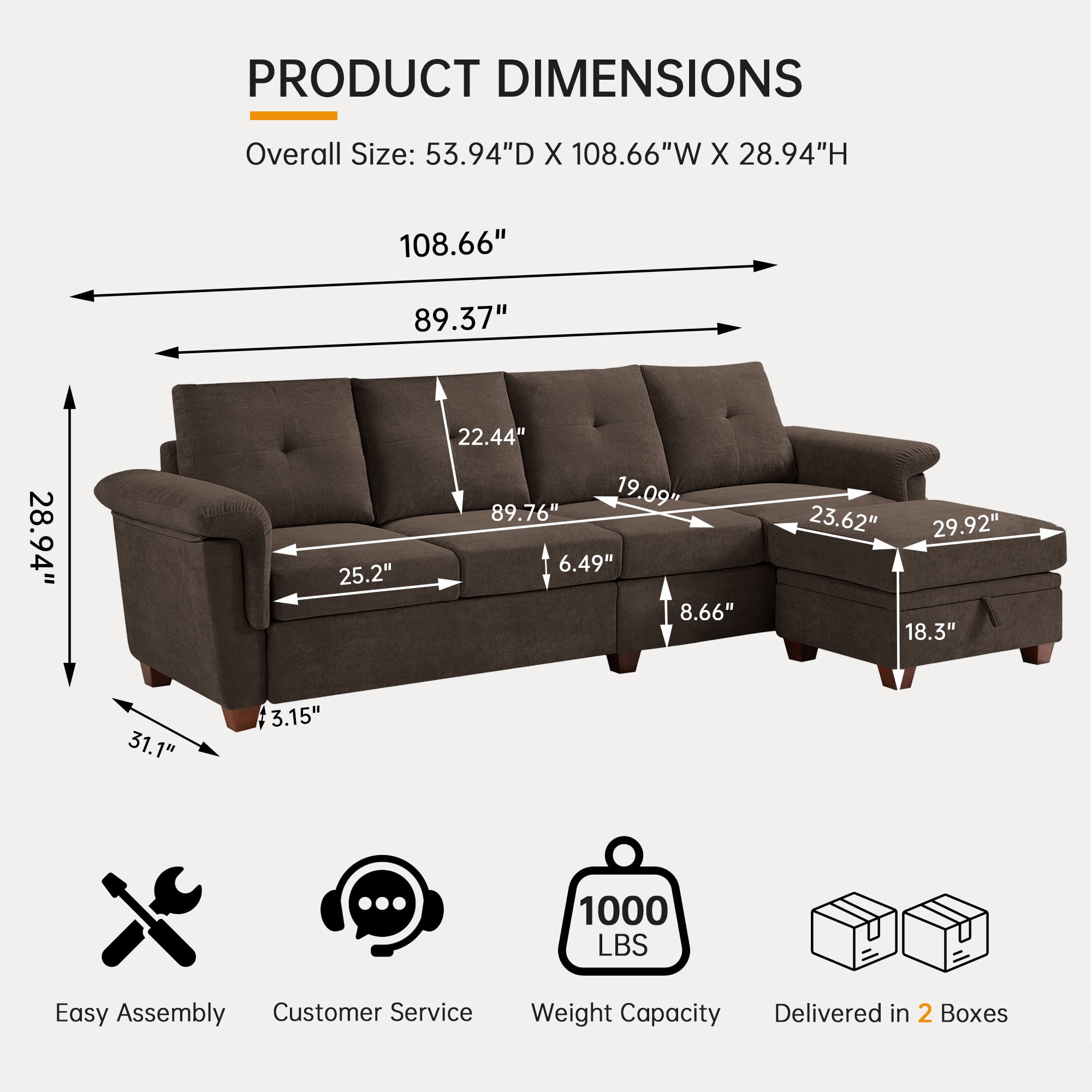 Jarenie Modern Microfiber Armchair, Convertible Sectional Sofa with Storage, 4 Seat L Shaped Couch, Dark Coffee