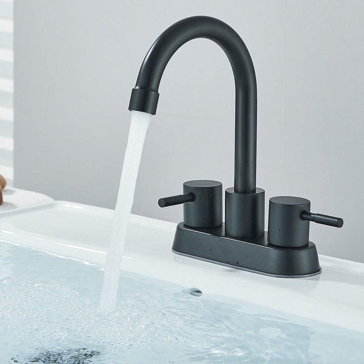 4 Inch 2 Handle Centerset Matte Black Modern Bathroom Faucet 360 Swivel Spout Bathroom Vanity Sink Faucet with Pop Up Drain and Water Supply