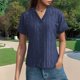 thumbnail image 3 of Camisa de punto jacquard holgada con cuello en V para mujer: manga corta, detalle de cordones, informal de verano, fácil de cuidar, 3 of 7