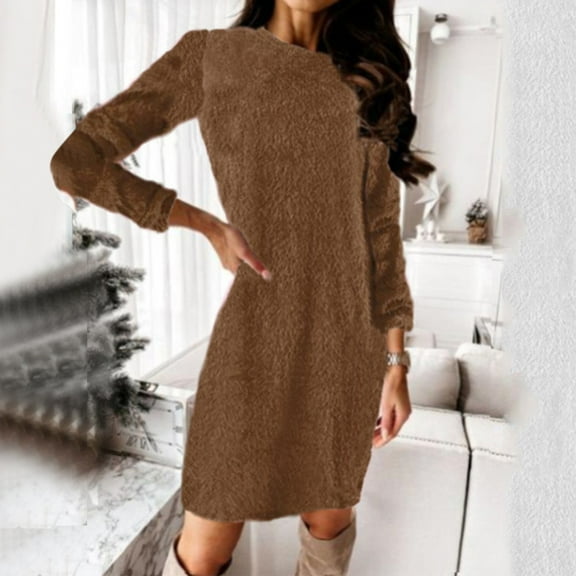 MRULIC dresses for women 2022 Trendy Womens Sweater Dress O Neck Long Sleeve Solid Knitted DressesWomen's Sweater Dress Brown   S