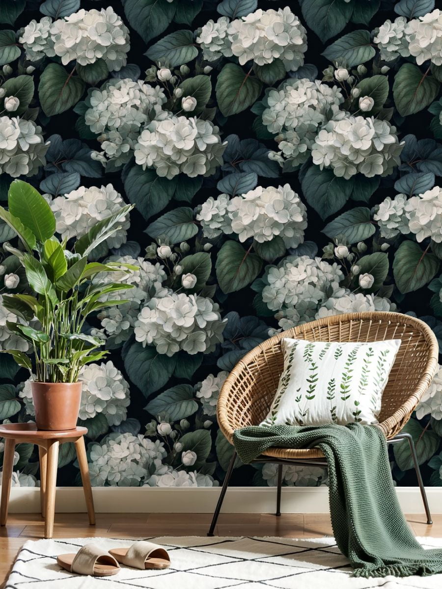 Peel and Stick Wallpaper 17.7in x 9.8ft White Hydrangea Flowers Green Leaves Dark Botanical Contact Paper Vinyl Self-Adhesive Removable Wall Paper for Bedroom Kitchen Cabinet Renter Friendly