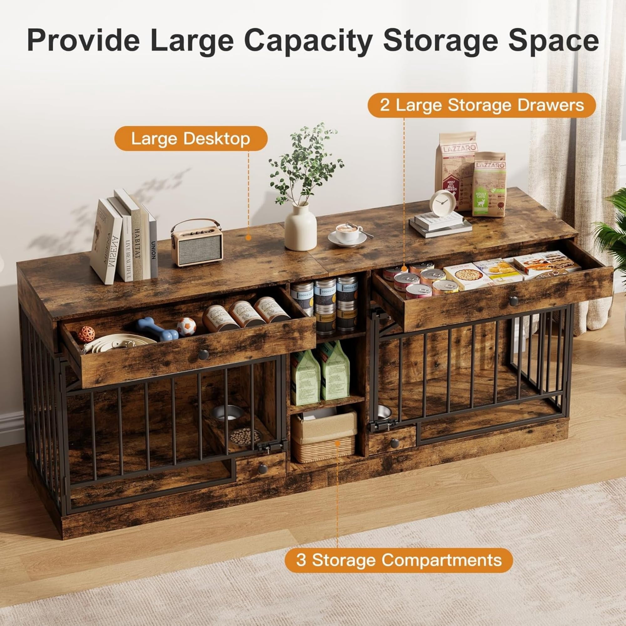 Accreate Dog Crate Furniture for 2 Dog, 78.7'' Large Dog Kennel Indoor with 2 Storage Drawers, 3 Shelves and Feeding Bowls, Double Dog Crate TV Stand for Small and Medium Dogs