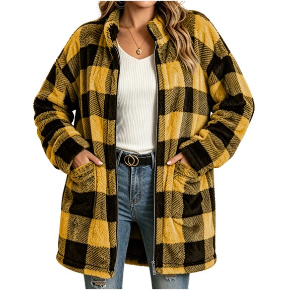 ZZkhGO Women's Winter Plaid Button‑Front Lapel Velvet Winter Jacket with Side Pockets Mid‑Length Double‑Sided Warm Coat