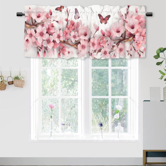 Cherry Blossom Thermal Insulated Window Curtain Valance Watercolor Pink Floral Butterfly Rod Pocket Valances for Bedroom Living Room Dining Room 54 by 18 in, 1 Panel
