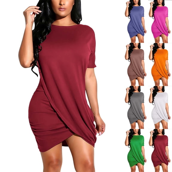 Rvasteizo Casual Dresses for Women Solid Round Neck Short Sleeve Waist Cinched Thin Summer Outfit