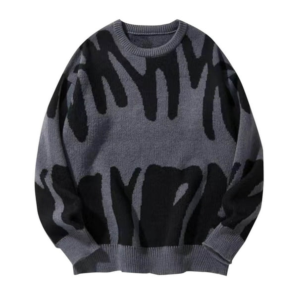 Ceisia Men's Abstract Jacquard Crew Neck Sweater for Retro Streetwear & Casual Wear Gray L Gifts