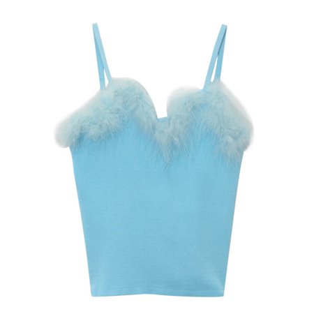 

Women Sexy Faux Fur Feather Trim Camisole Knitted Spaghetti Strap Slim for Tank