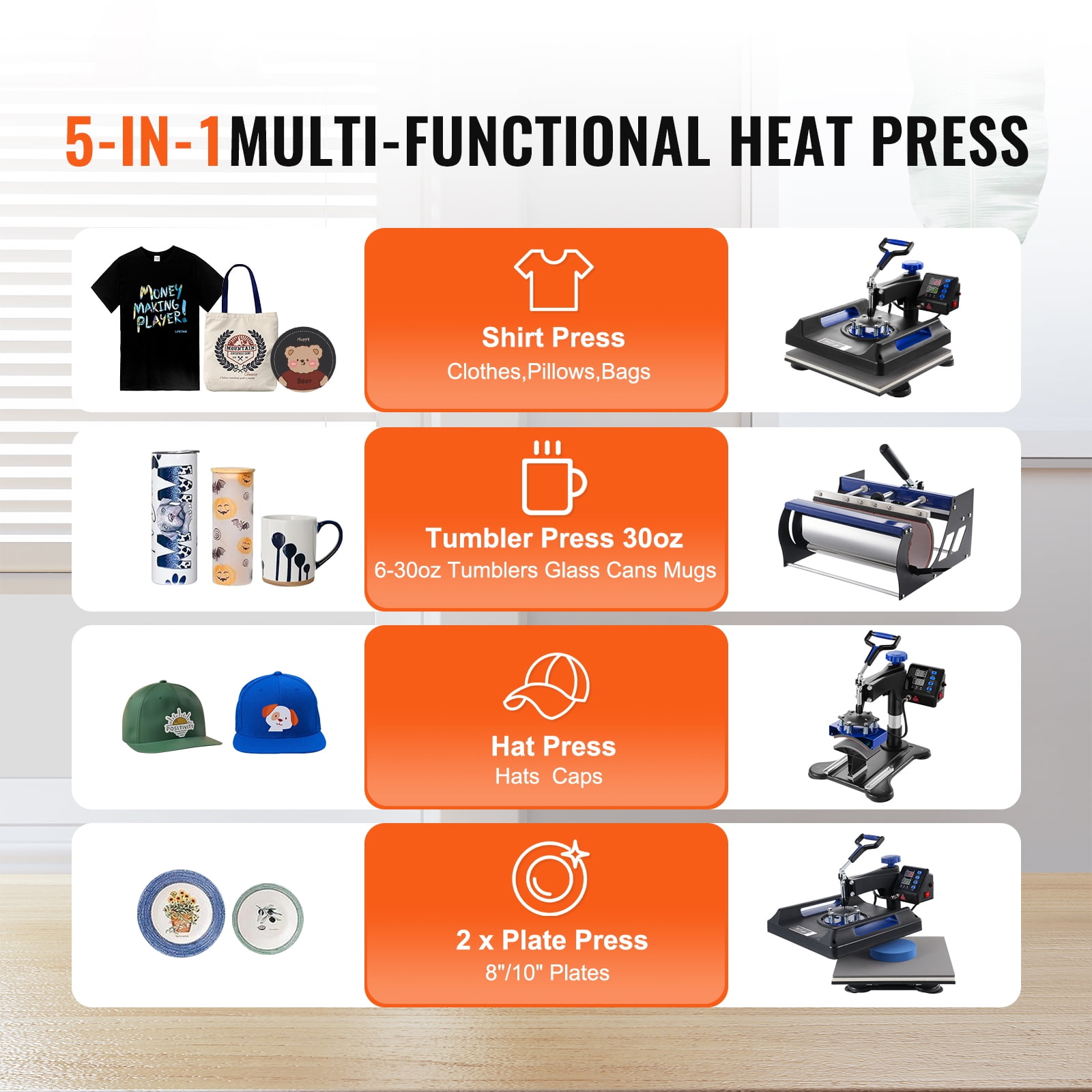 KFFKFF Heat Application Device, 15 x 15 inch, Quintuple Function Heat Transfer Equipment with 30 oz Tumbler Application, 360° Rotating Digital Shirt Application, Teflon Layer, for Shirts/Mugs/Caps
