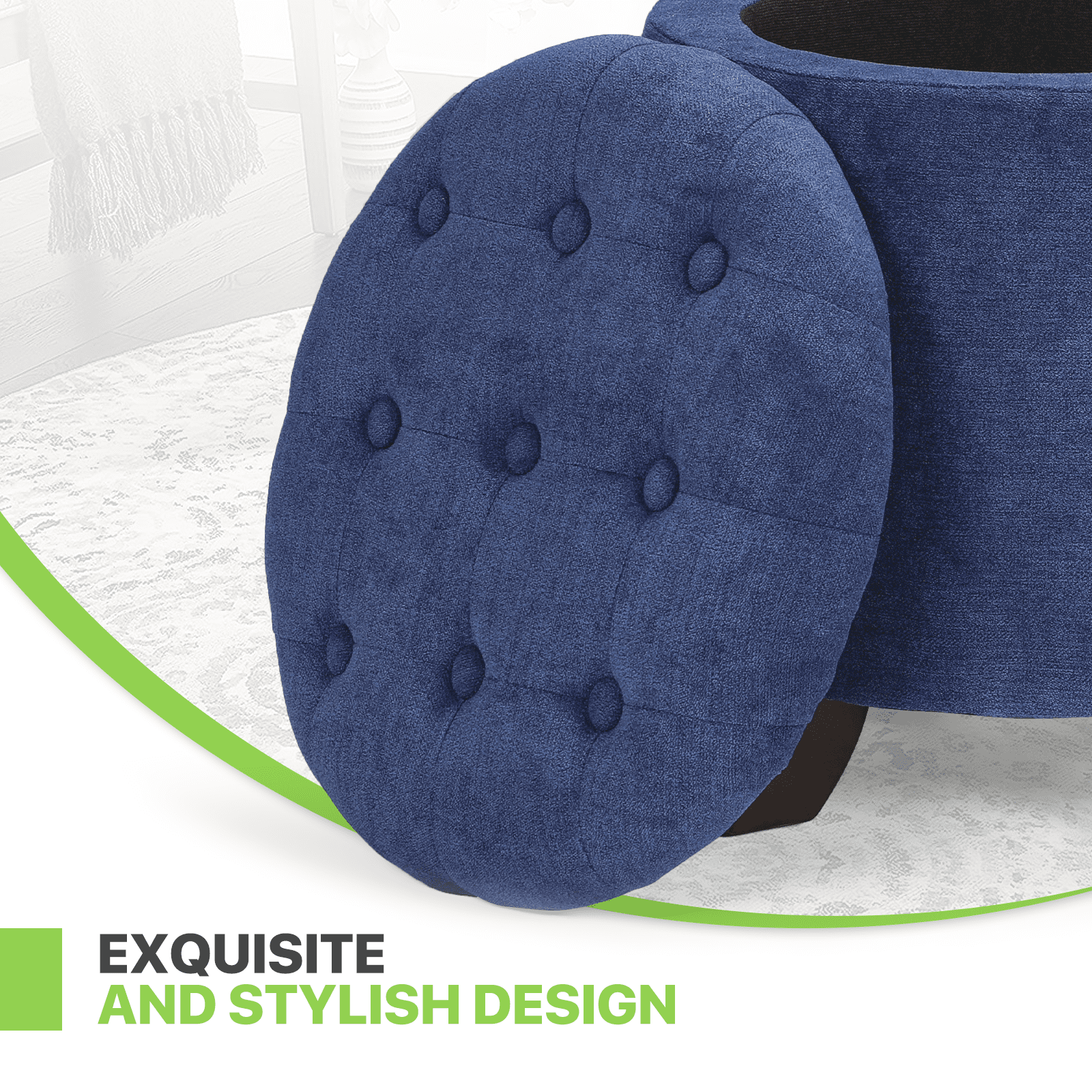 Magshion Storage Ottoman with Padded Seat, Modern Cotton-linen Footrest, Round Seat stool for Living Room Bedroom , Navy Blue