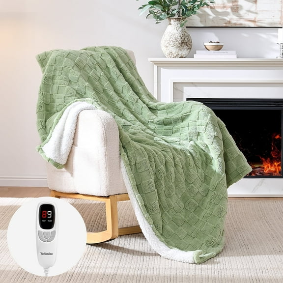 Ocuuziisu 50" × 60" Heated Throw Blanket — 9 Heat Levels, 1–10H Timer, Fast Even Warming Electric Blanket Throw, Machine Washable — Green & Gray