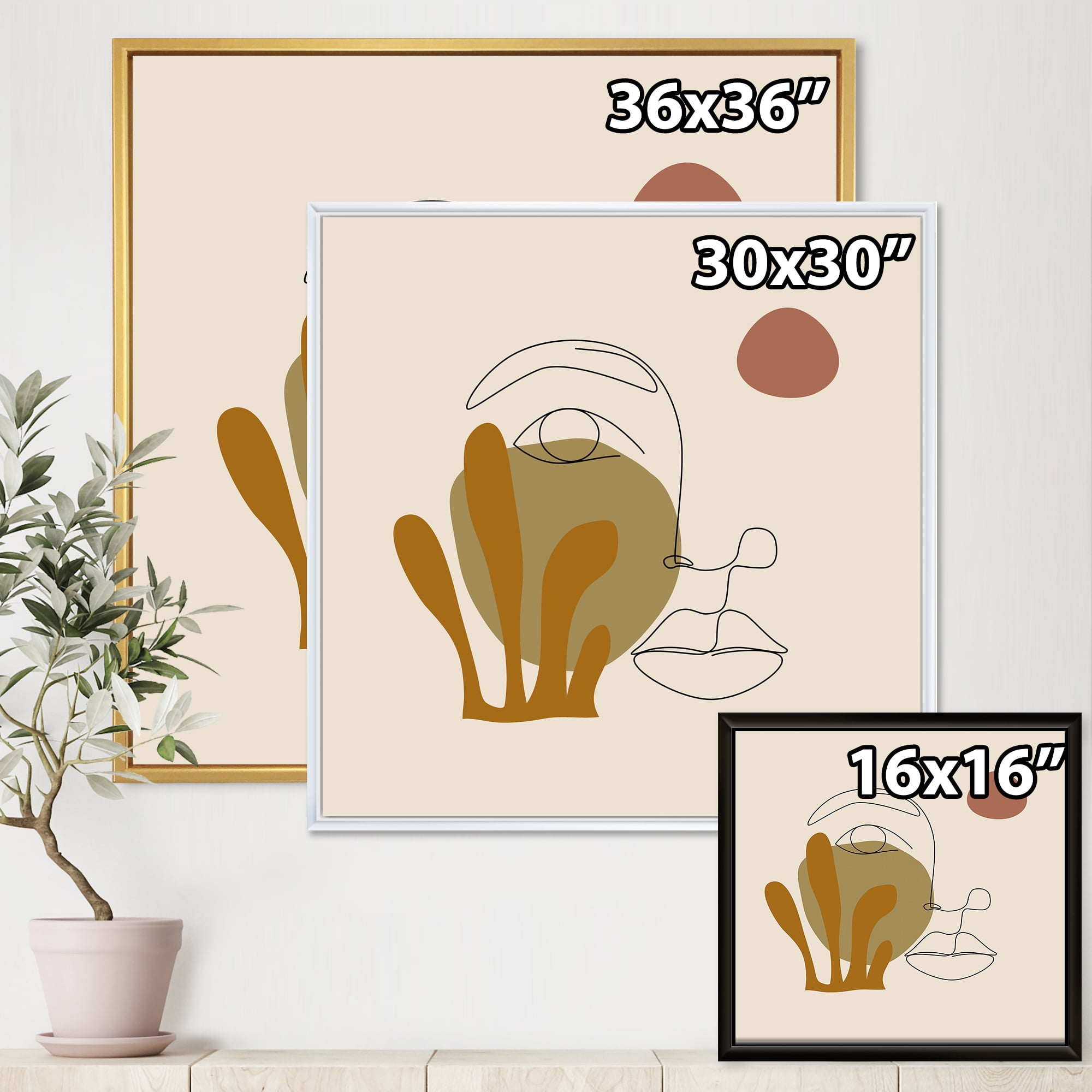 Designart 'One Line Art Portrait of Female In Terracotta Tones' Modern Framed Canvas Wall Art Print