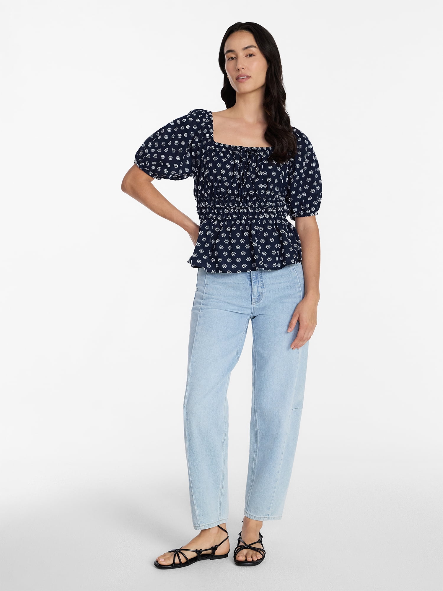 Time and Tru Women's Puff Sleeve Square Neck Top, Sizes XS-XXXL