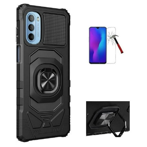 Phone Case for Straight Talk Motorola Moto G Stylus 4G (2022), Ring Stand Hybrid Case Cover Tempered Glass (Black)