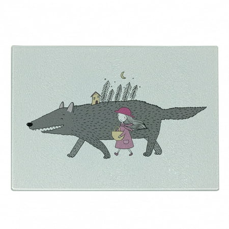 

Fantasy Cutting Board Girl in a Pink Dress Walking with a Giant Wolf Fir Forest and a Small House Decorative Tempered Glass Cutting and Serving Board Small Size Pink Grey Peach by Ambesonne