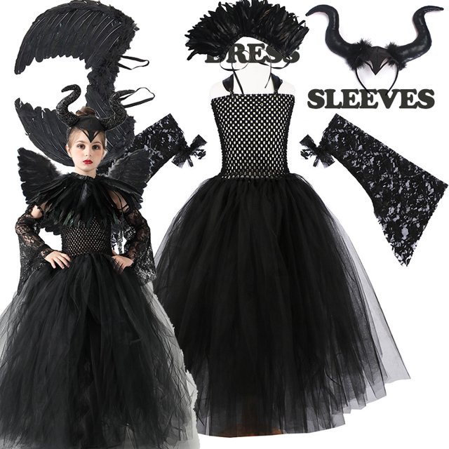 Disfraz de Halloween, vestido de tutú de Maléfica para niñas, vestido de princesa de malla negra de Reina Malvada, varita de cuervo para niños, trajes de Maléfica