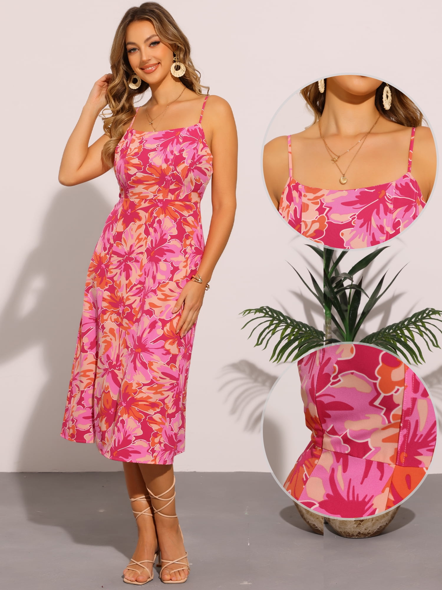 DARING DIVA Floral Midi Spaghetti Straps Square Neck Dress XL Hot Pink