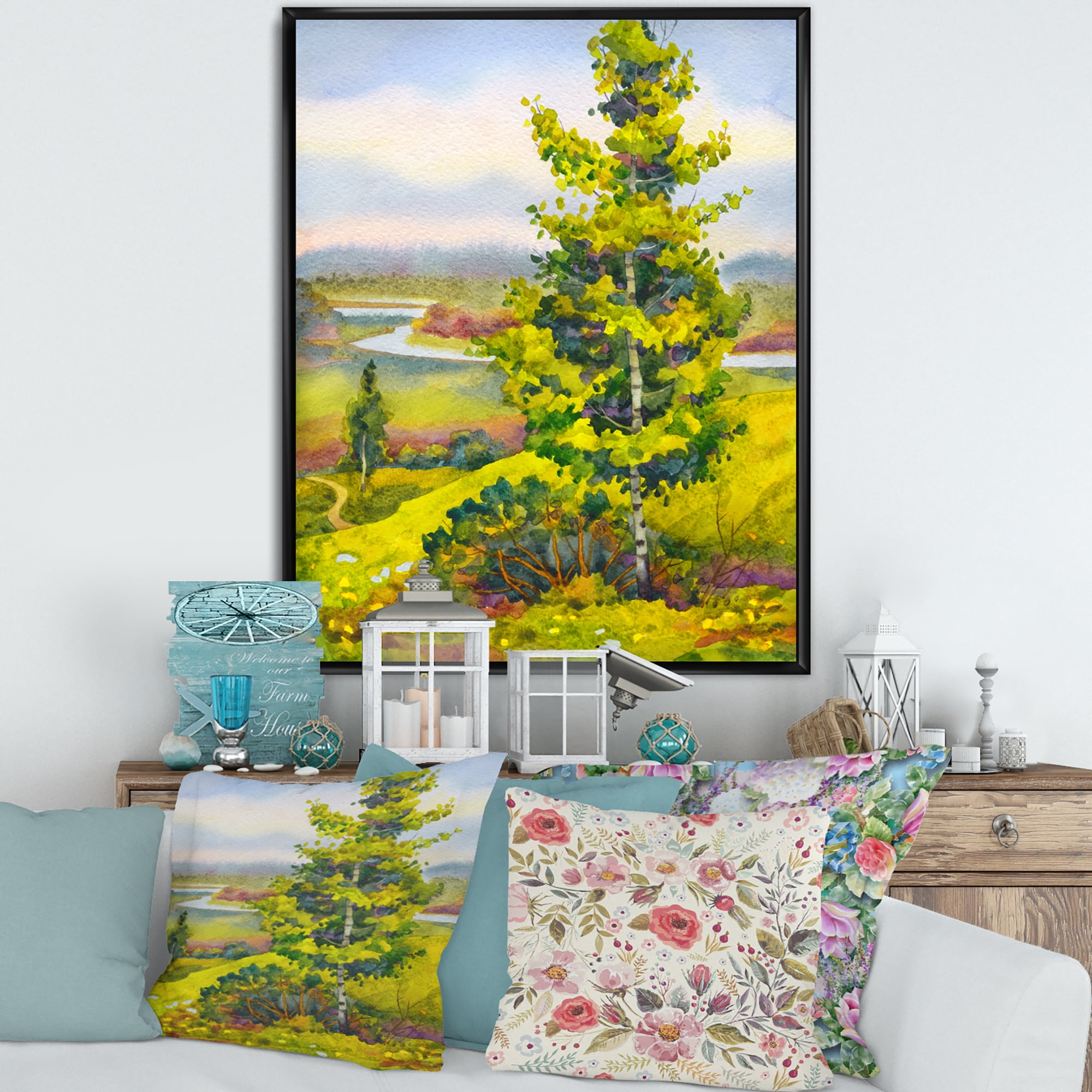 Designart 'Colorful Young Orange Betulas Along Bank Of Calm Bay' Lake House Framed Canvas Wall Art Print