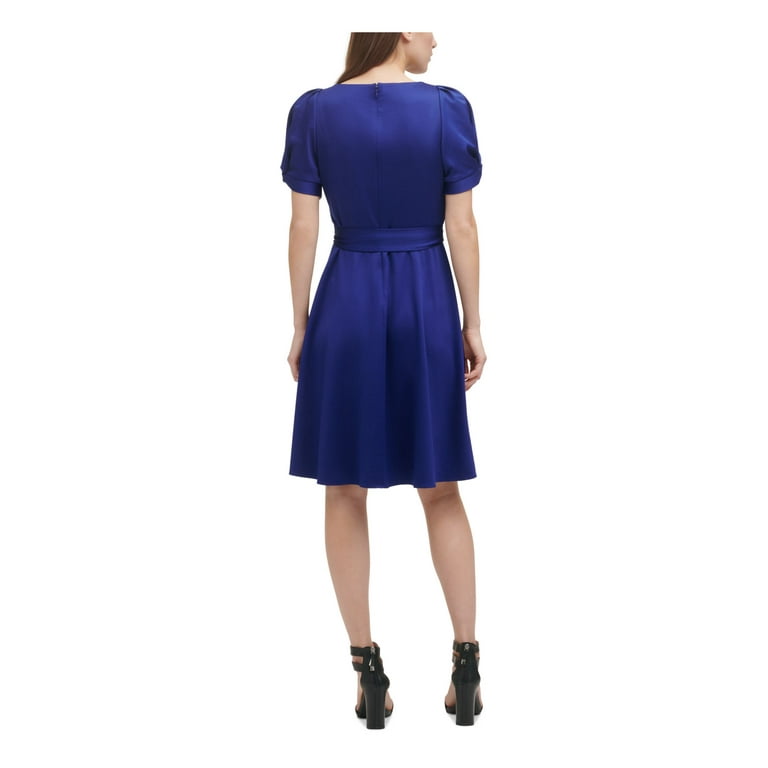 DKNY Womens Blue Pleated Zippered Belted Unlined Short Pouf Knot-s Surplice  Neckline Above The Knee Evening Fit + Flare Dress 16