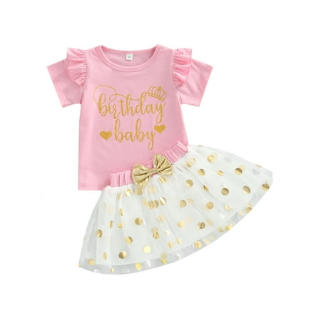 

Woshilaocai Toddler Girl Summer 2Pcs Outfit Clothes Birthday Ruffle Sleeve Top Golden Polka-dot Tulle Tutu Skirt Set