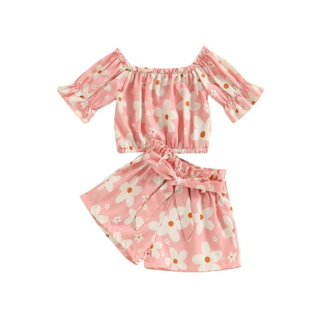 

Ma&Baby Infant Girls Summer Clothes Outfits Floral Print Short Sleeve Tops Shorts with Bow Tie-Up Belt Girls 2Pcs Set