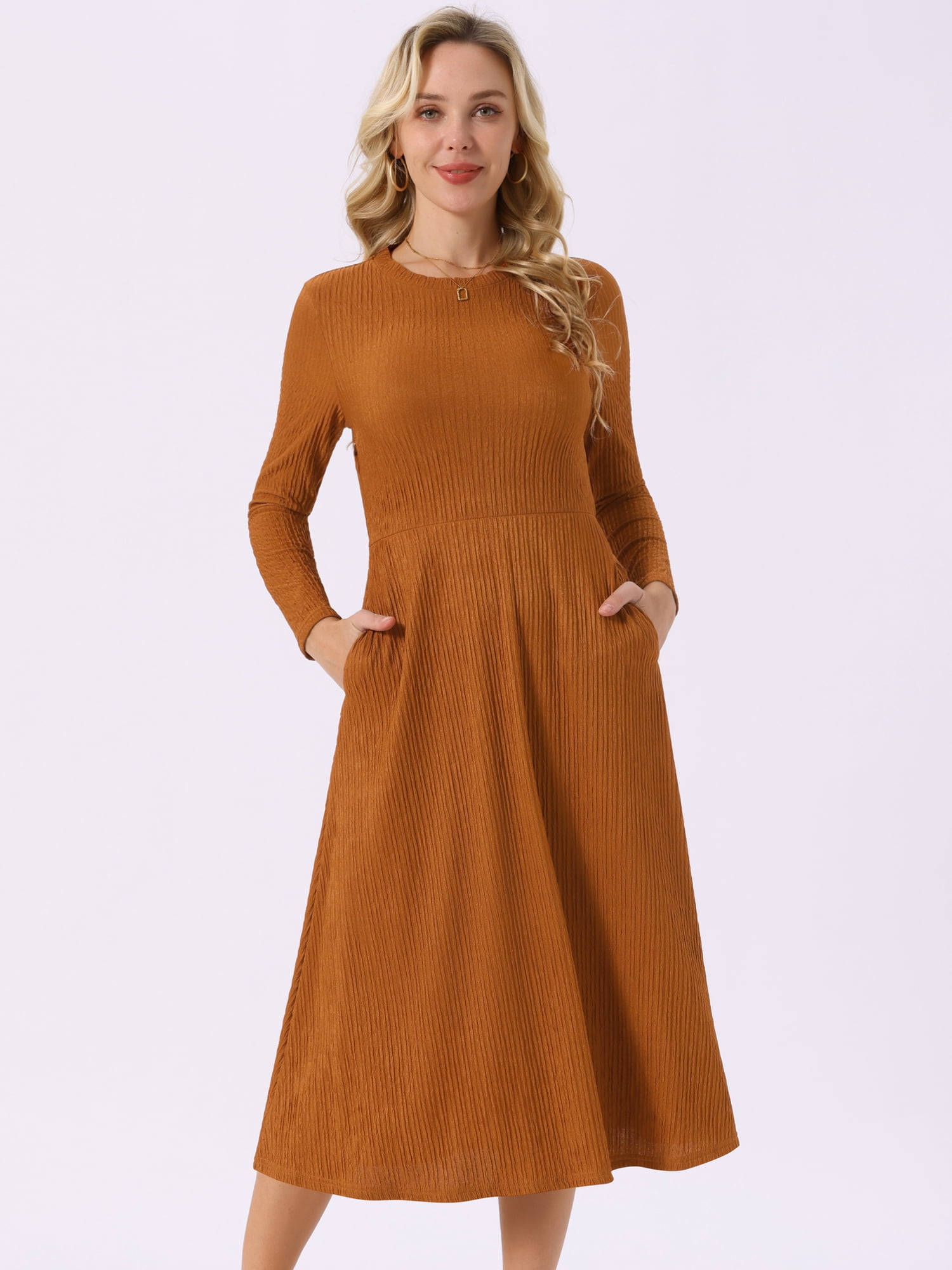 DARING DIVA Long Sleeve Crew Neck Knit A-Line Midi Dress S Caramel