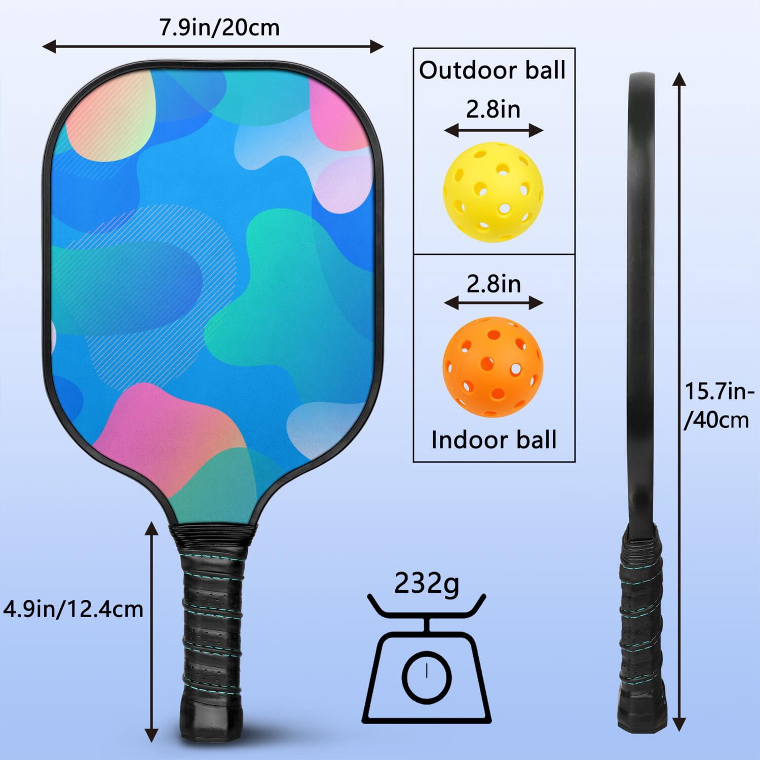 Pickleball Paddles Set Of 2, Fiberglass Surface, Neon Fluid Print, 4 Balls & Bag