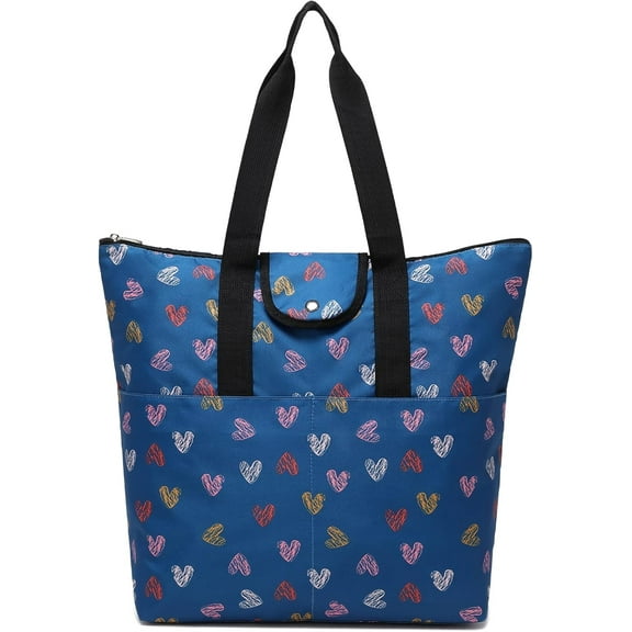 Mygreen Foldable Work Tote Bags For Women Large Tote Travel Bag, Nurse Bag, Teacher Bag, Mom Bag Blue Heart-Large