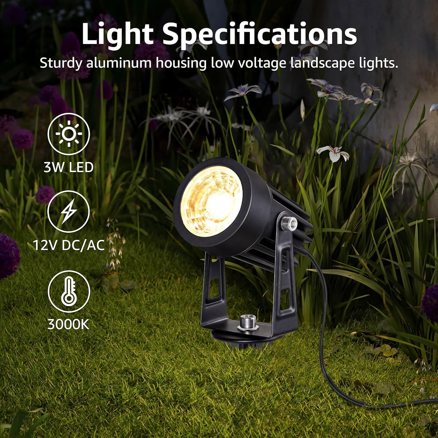 SUNVIE 3W Low Voltage Landscape Lighting LED Outdoor Spotlight with Connectors for Garden, 4 Pack