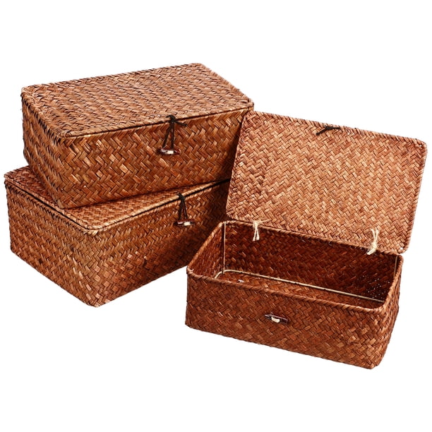WORGEOUS Canasta de pasos marinos de 3 piezas con caja de almacenamiento de tapa Sundries Organizador de cosméticos para el hogar