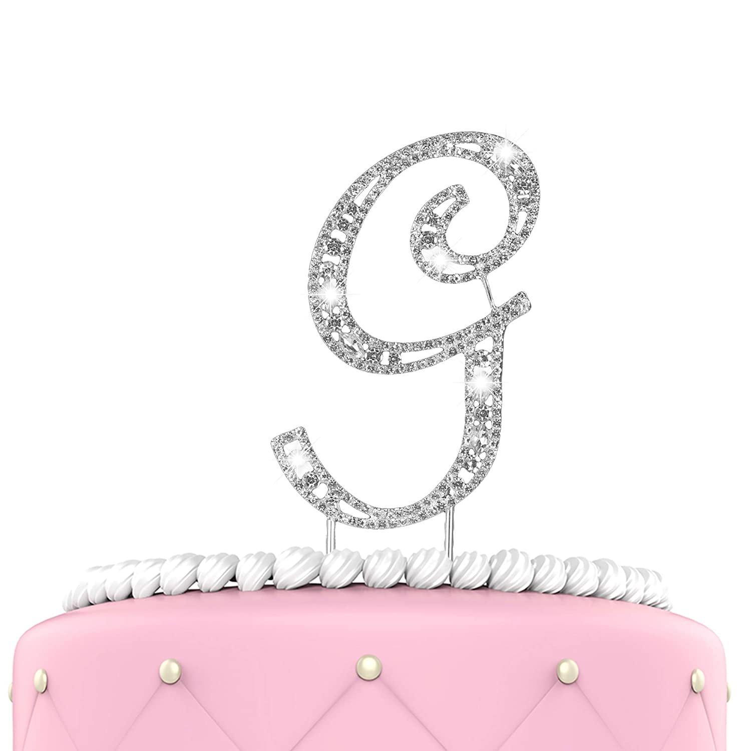 Large Rhinestone Crystal Monogram "G" Wedding Cake Topper 5" inch High Silver 