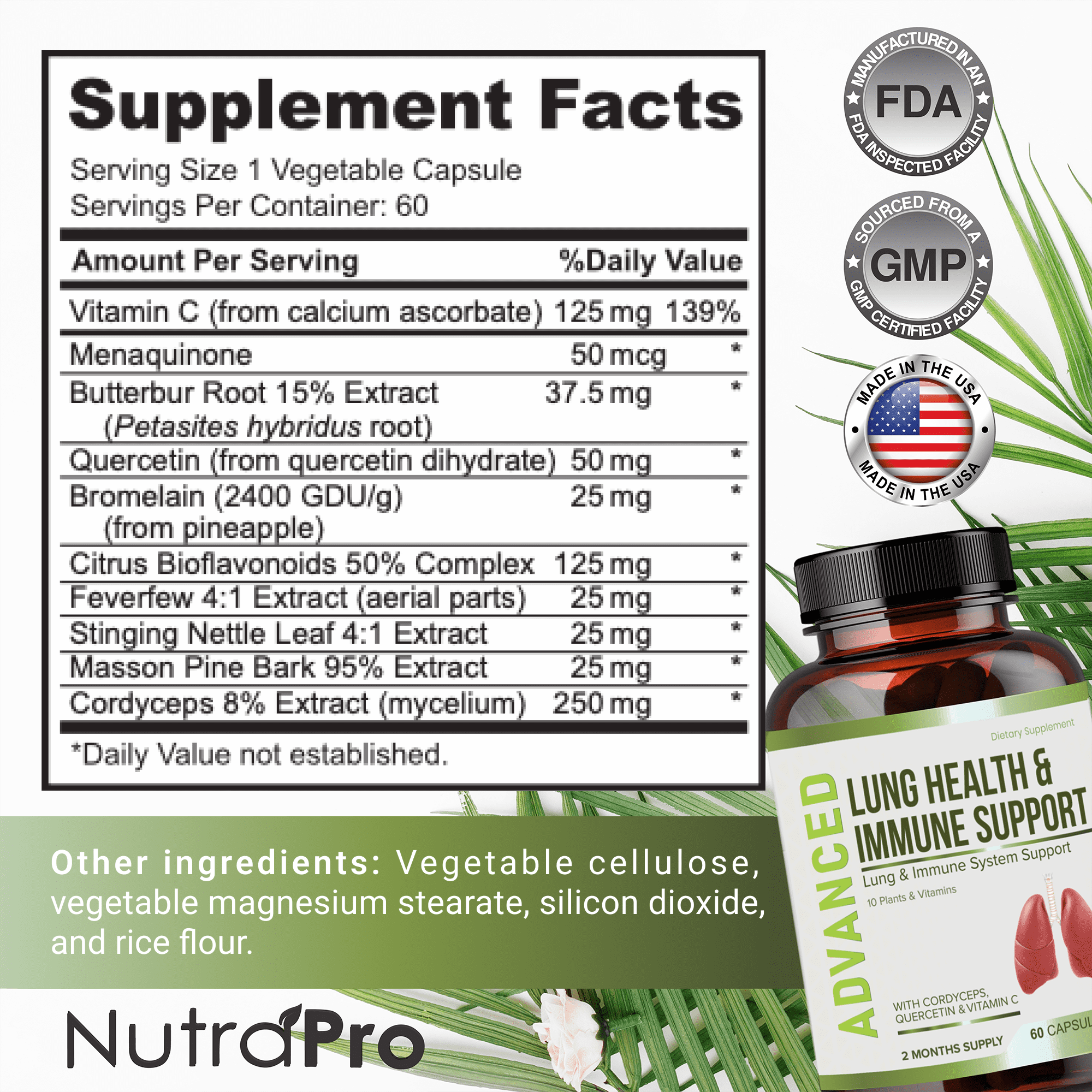 Lung Health & Immune Support Supplement - Lung Cleanse and Detox With Immunity Vitamins Include Quercetin & Cordyceps.Two Months Supply by NutraPro