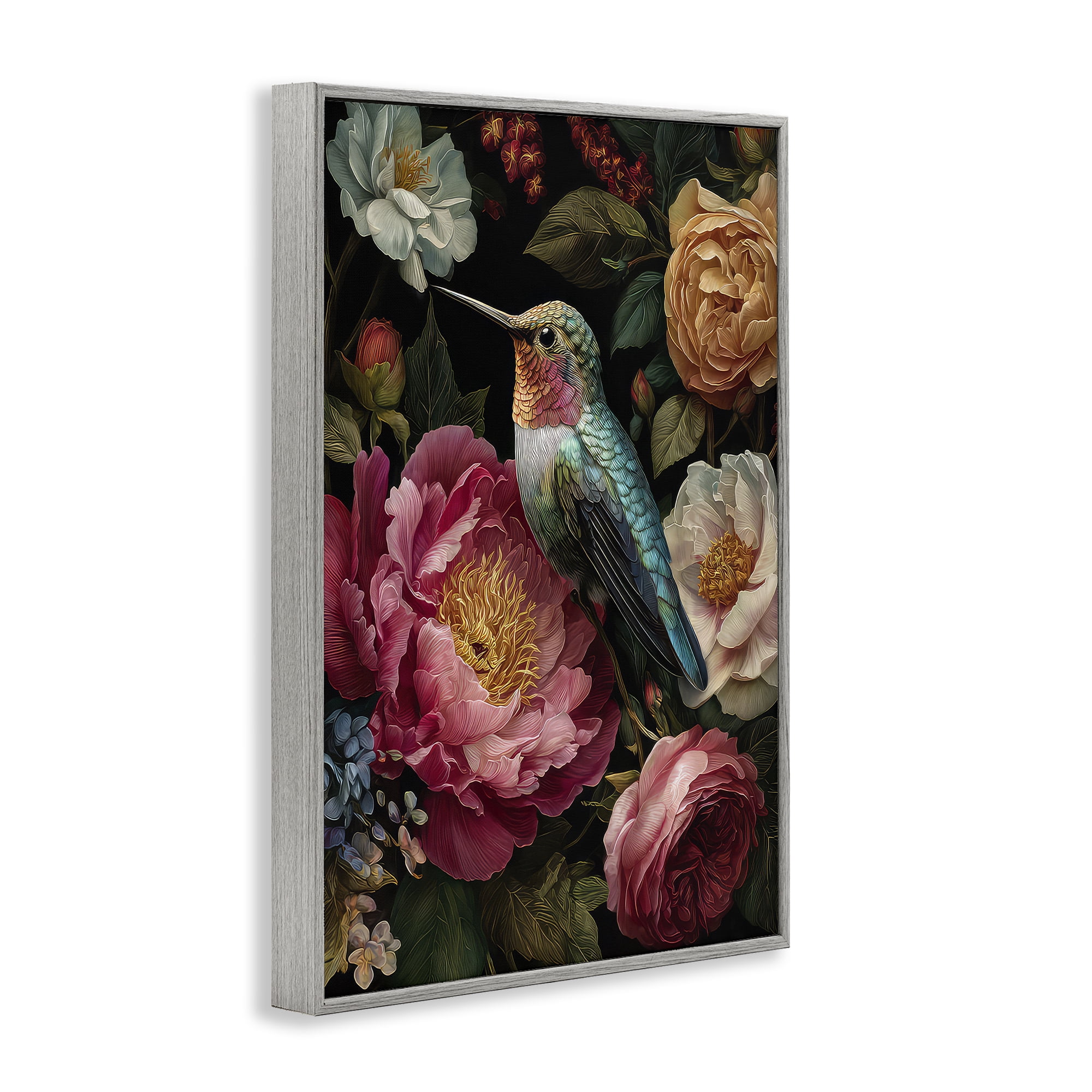 Stupell Industries Hummingbird & Lush Blooms Gray Framed Giclee Art, design by The Wands Want