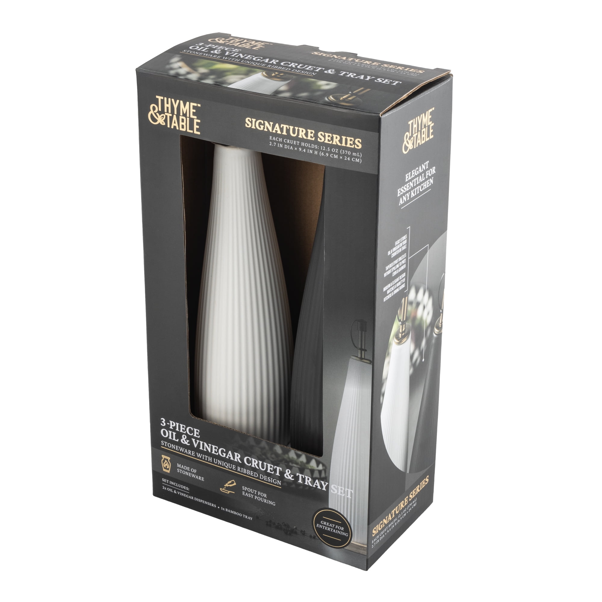 (2 pack) Thyme & Table Ceramic Oil and Vinegar Cruet Set with Bamboo Base, Black