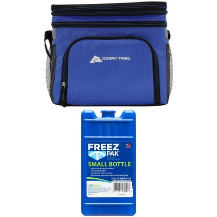 Ozark Trail Soft-Sided 12-Can Cooler, Blue, 1 Count and Freez Pak Small Ice Pack, 1 Count