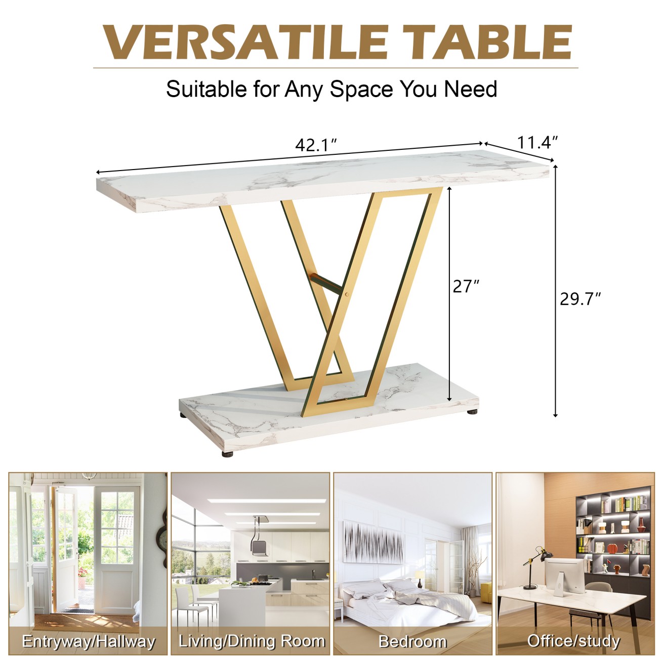 IVV Modern Console Table, 42.1 Inch Sofa Table with Gold Metal Base, 2-Tier Long Skinny Table for Hallway, Entryway, Living Room, Foyer