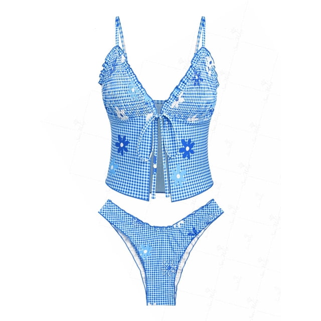Set Tankini con estampado floral a cuadros vichy, azul fruncido, talla L