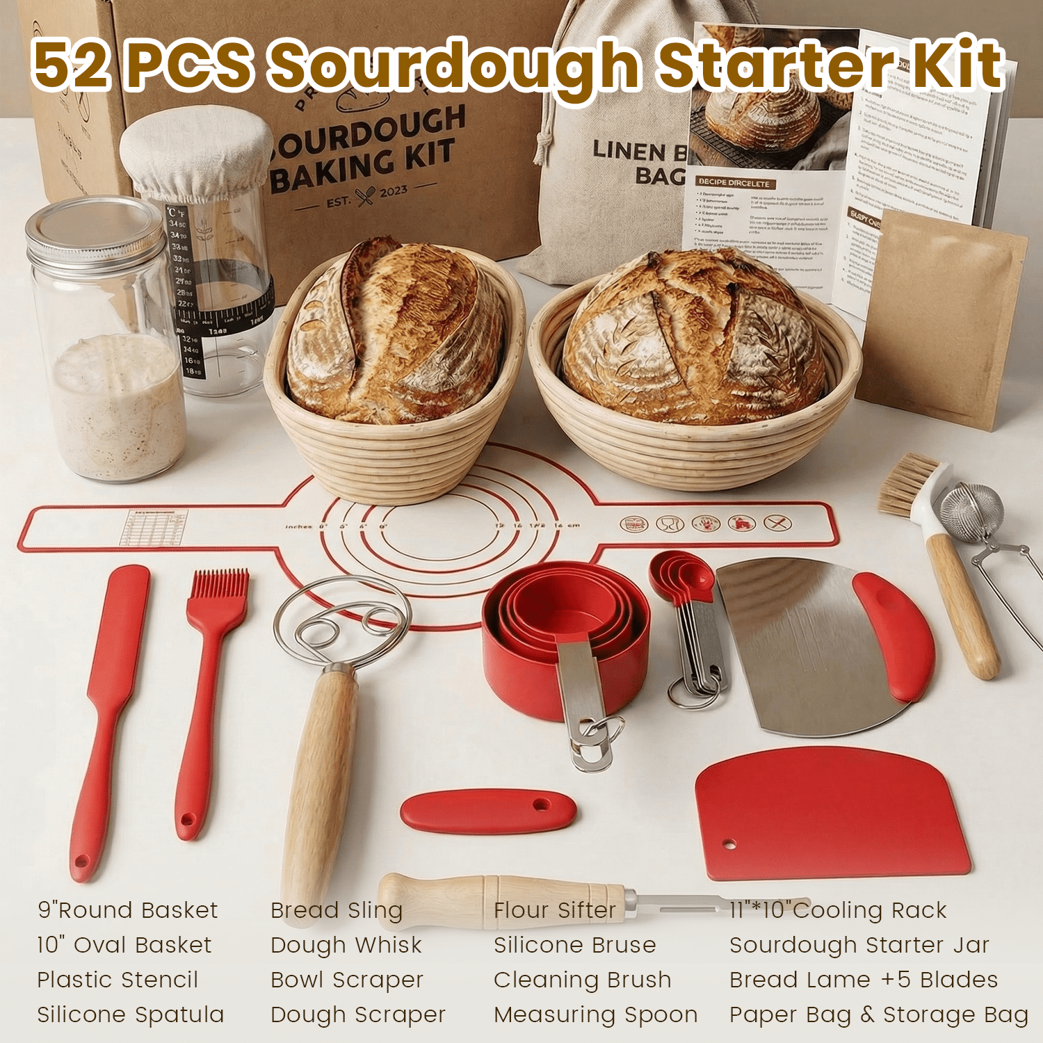 NULAS 52-Piece Sourdough Starter Kit , Oval Banneton Proofing Baskets, Bread Baking Supplies Set including Sourdough Jar, Perfect Baking Gifts for Beginners & Home Bakers