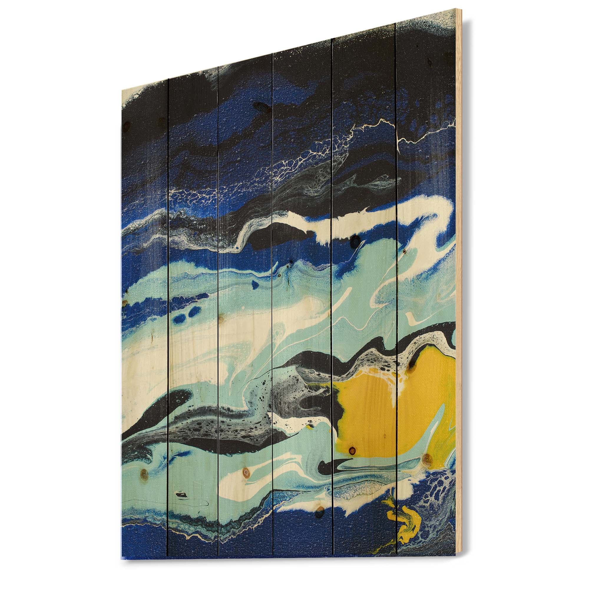 Designart 'Abstract Composition In Blue and Yellow VIII' Modern Print on Natural Pine Wood