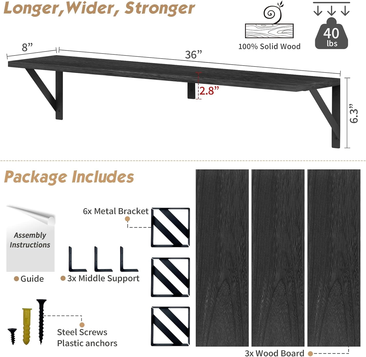 Floating Shelves 36 Inches Long 8 in Deep Set of 3, Large Wall Shelf for Bedroom Books, Heavy Duty Wide Wall Shelving for Living Room Office Kitchen Closet Organizers and Storage